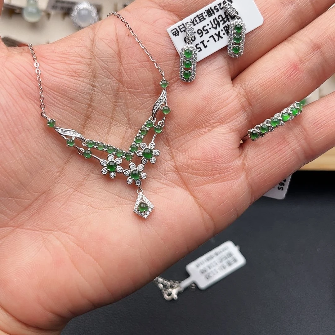 翡翠戒指银S925镶嵌缅甸天然a货翡翠女套链