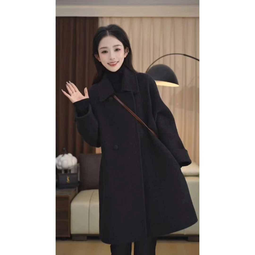 【希呱】春季新款双面羊毛大衣娃娃领百搭毛呢大衣女