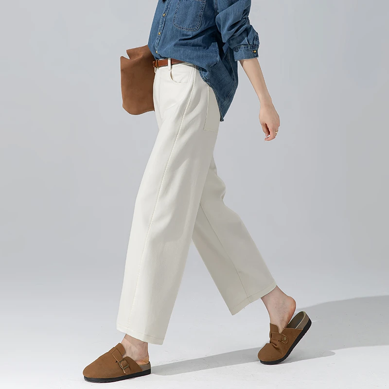 白色仿牛仔九分镰刀裤女2025新款秋季阔腿女裤高腰显瘦弧形弯刀裤