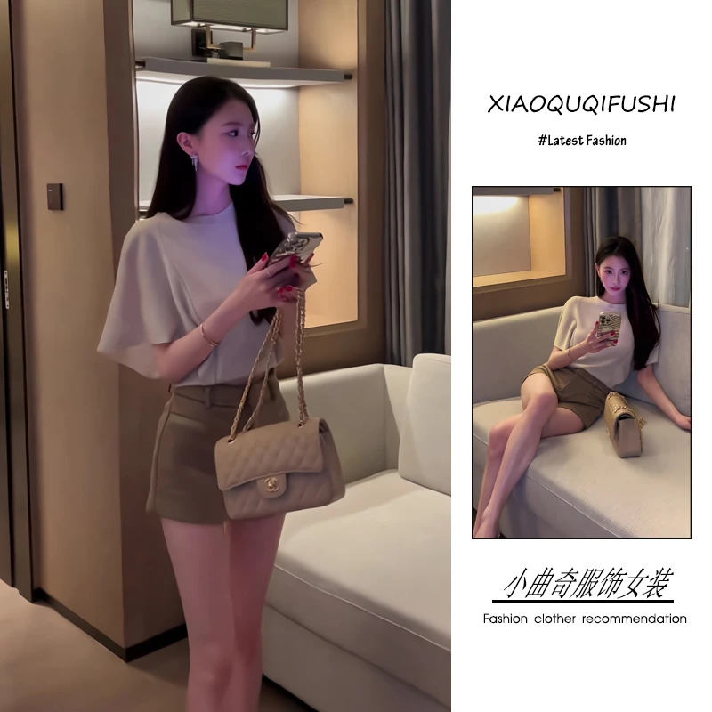 2025年春夏轻奢风时尚潮流百搭精品女装蝙蝠袖针织T恤短裤两件套