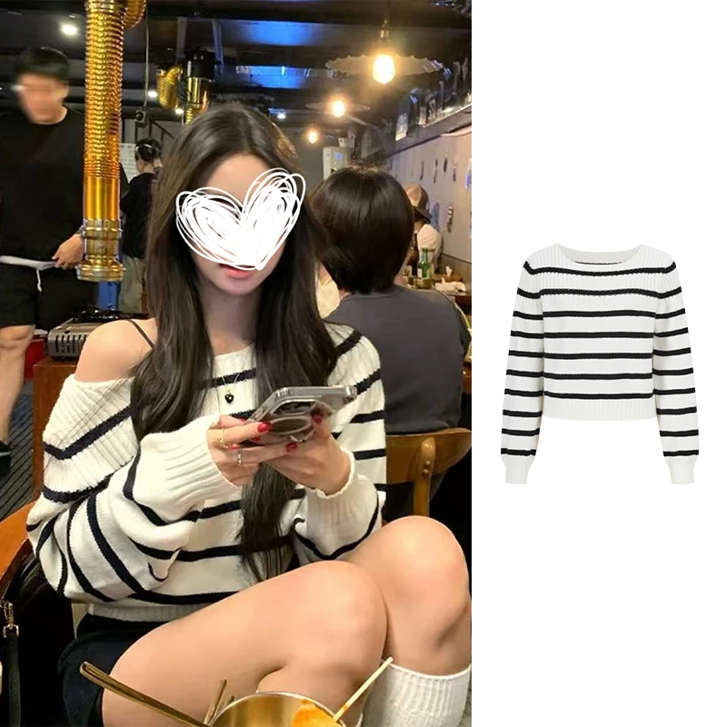 Moses Queen/魔西女王新款黑白条纹斜肩毛衣秋冬慵懒针织气质上衣