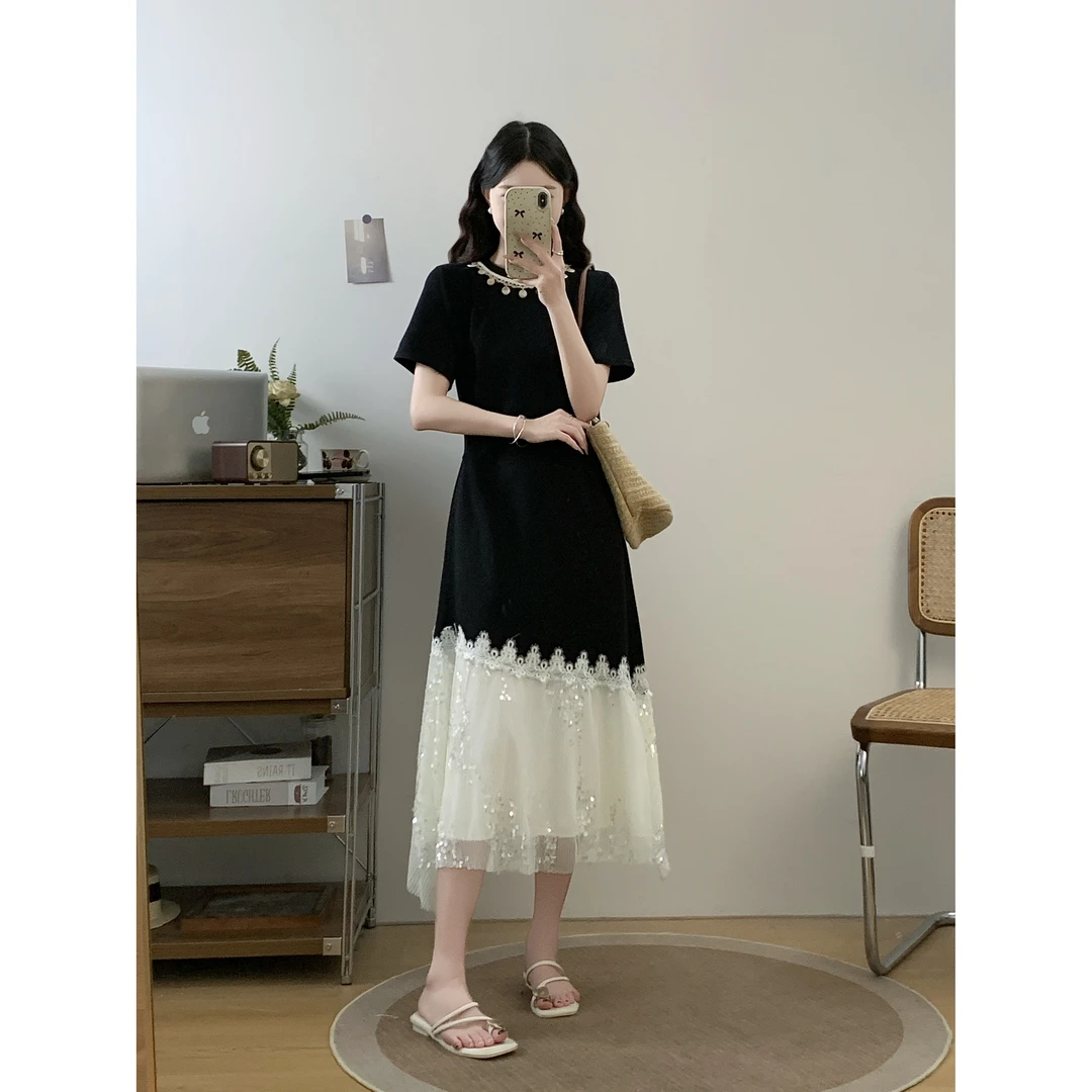 大码胖mm夏季新款法式遮肉亮片网纱撞色显瘦减龄时尚中长款连衣裙