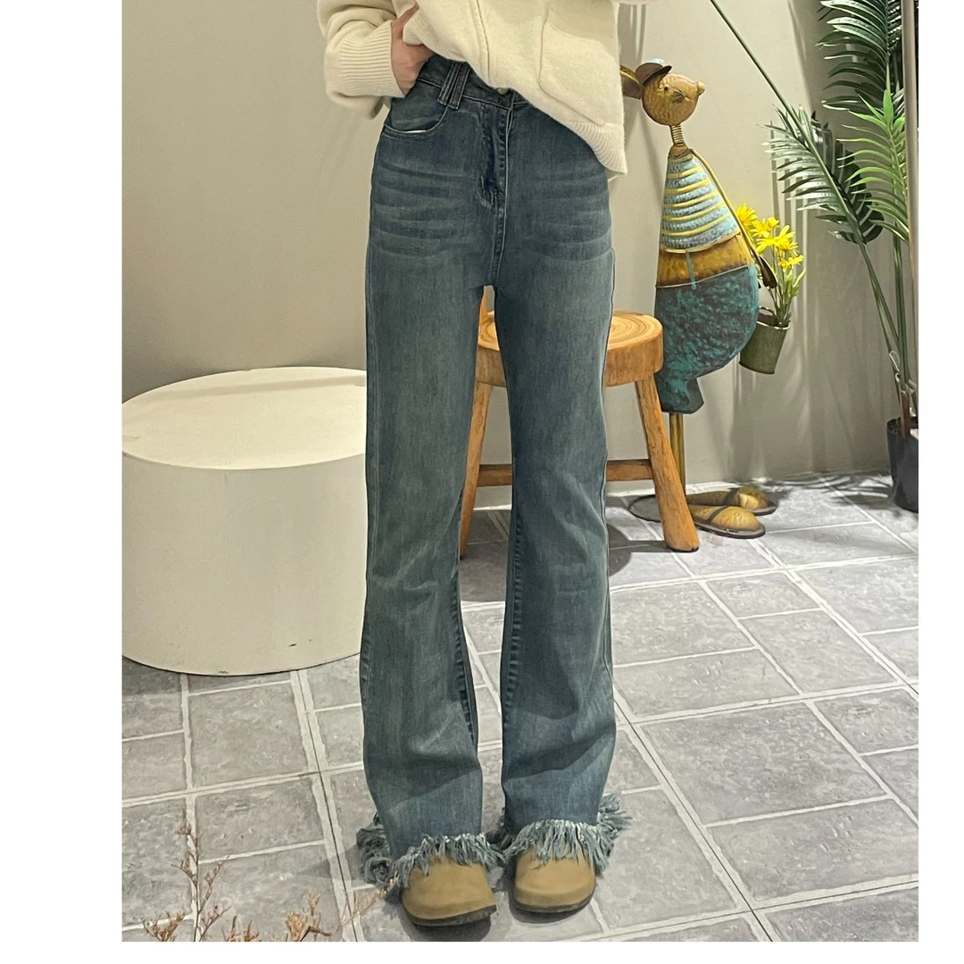 YQ9925不贴腿微喇水洗色牛仔裤百搭显腿长复古显瘦高腰流苏