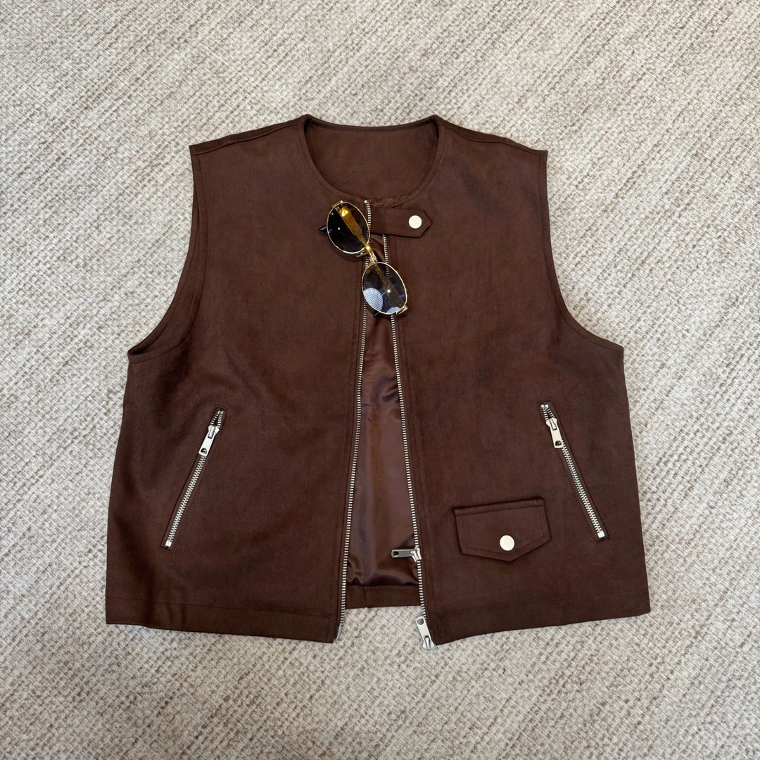 2025早春复古设计鹿皮绒时尚小众休闲短款马甲背心纯色