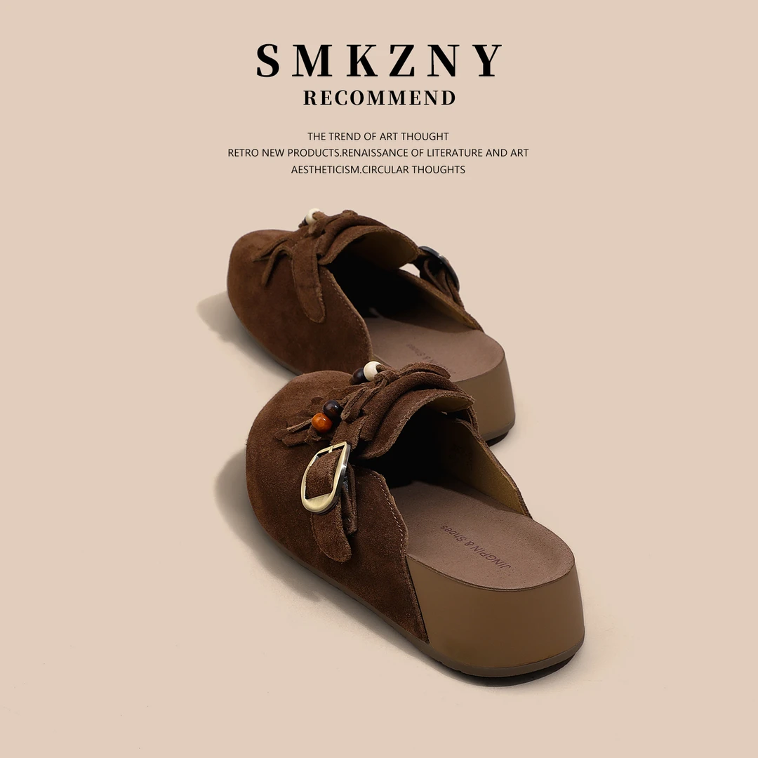 真皮复古流苏勃肯鞋女2025新款早秋百搭包头半拖鞋女外穿-D2635-2