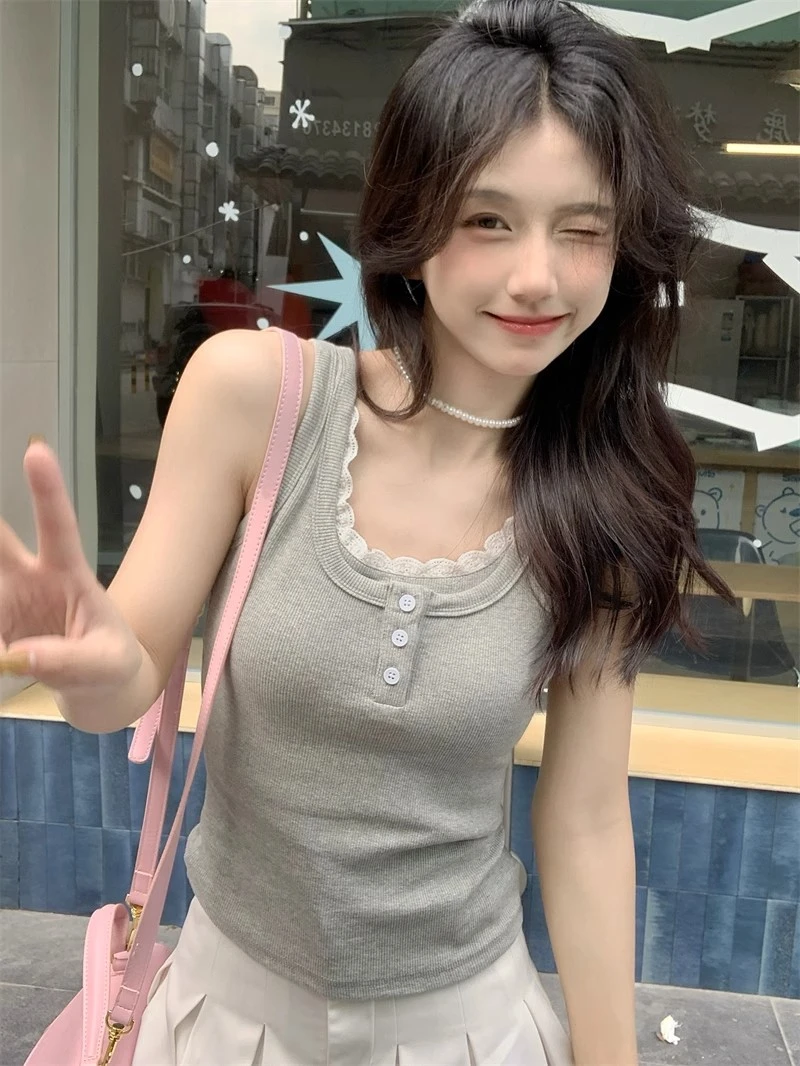 白色蕾丝花边工字背心女夏季外穿新款修身显瘦辣妹短款小吊带上衣