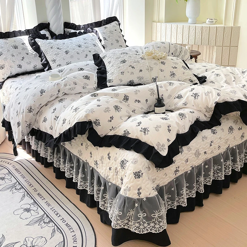 ins法式赫本床盖四件套花边夹棉床上水洗棉公法式夹棉床盖四件套