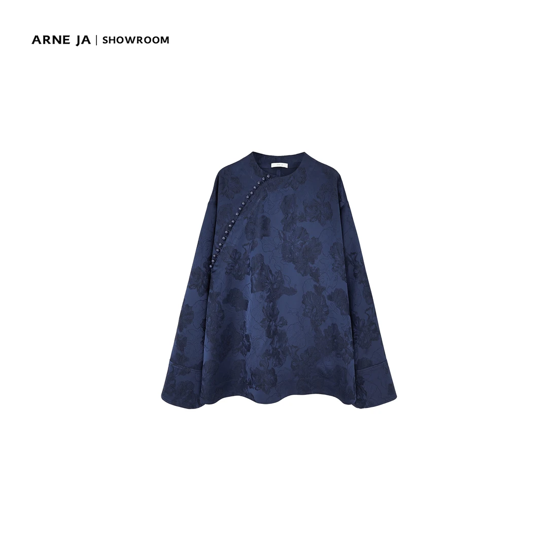 ARNE JA|轻东方主义时髦斜门襟别致花朵提花羊毛天丝上衣A803