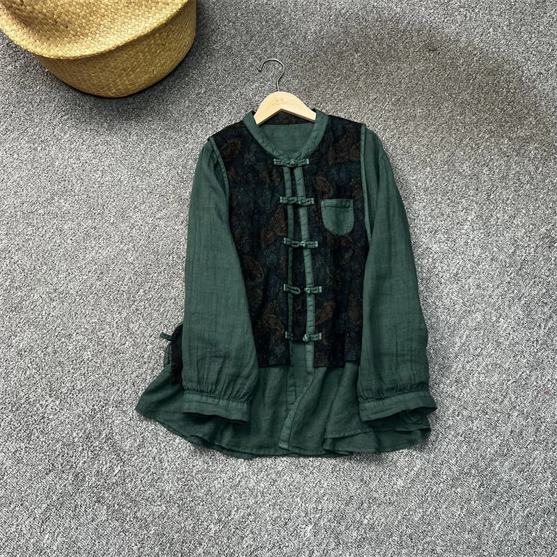 复古提花亚麻对襟盘扣圆领假两件衬衫外套早秋新款百搭日常女开衫