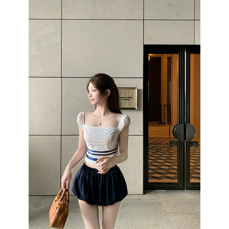 《露水蓝纹》撞色方领泡泡袖衬衫女夏季短款上衣女配高腰花苞裙裤