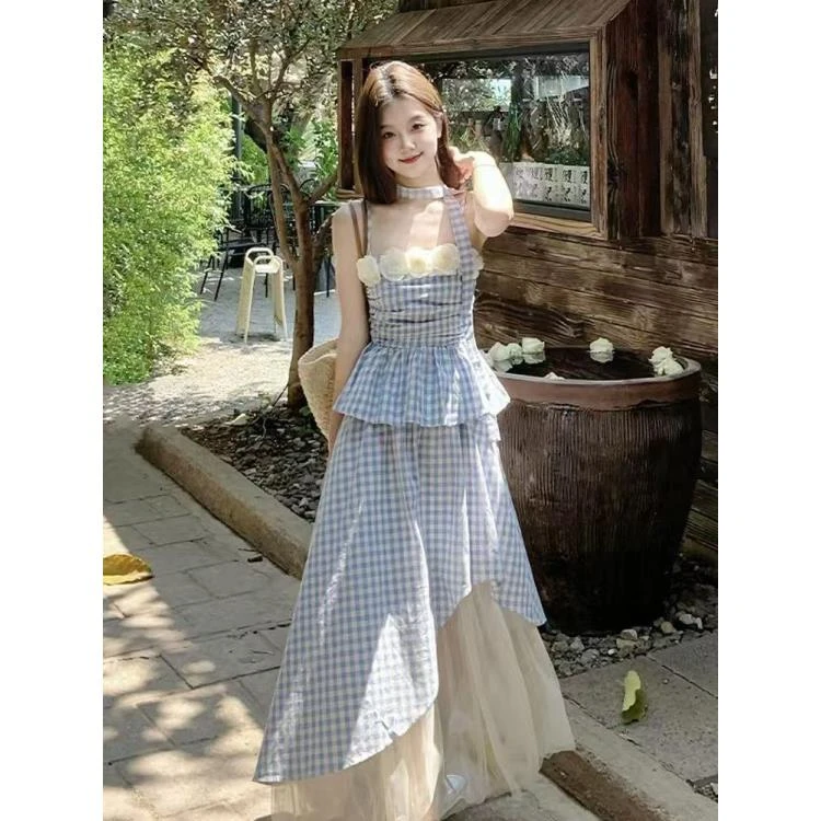 法式蓝色格子吊带拼接设计半身裙甜美女夏季大码连衣裙7922