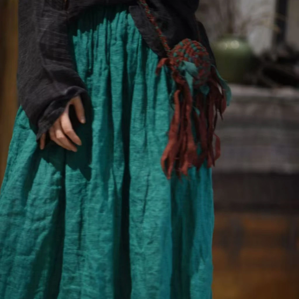 素年未央  SN58 复古休闲纯色拼接拼布松紧腰亚麻长裙半身裙