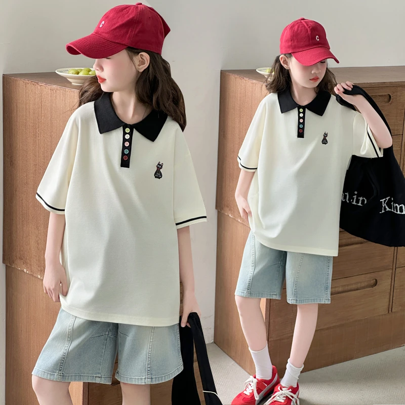 女童短袖牛仔中裤套装2025新款6-12岁潮酷中大儿童洋气休闲两件套