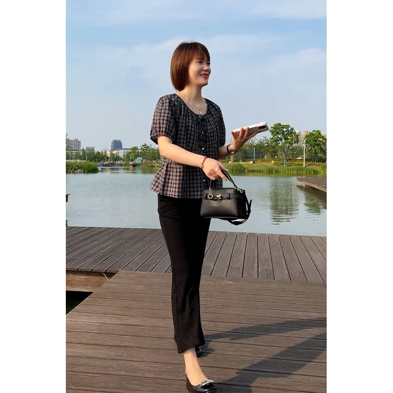 夏装超火盐系轻熟风巨好看套装藏青格子衬衫上衣微喇叭休闲裤套装