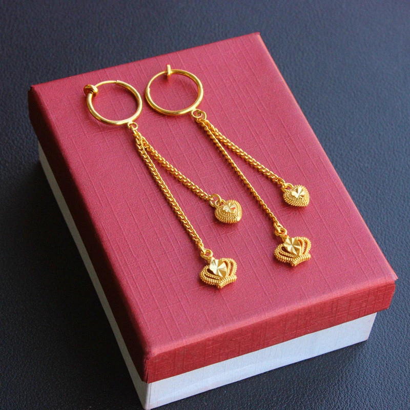 铜合金耳饰 镀18K金色无耳洞耳环耳夹子皇冠心形长流苏显气质新娘