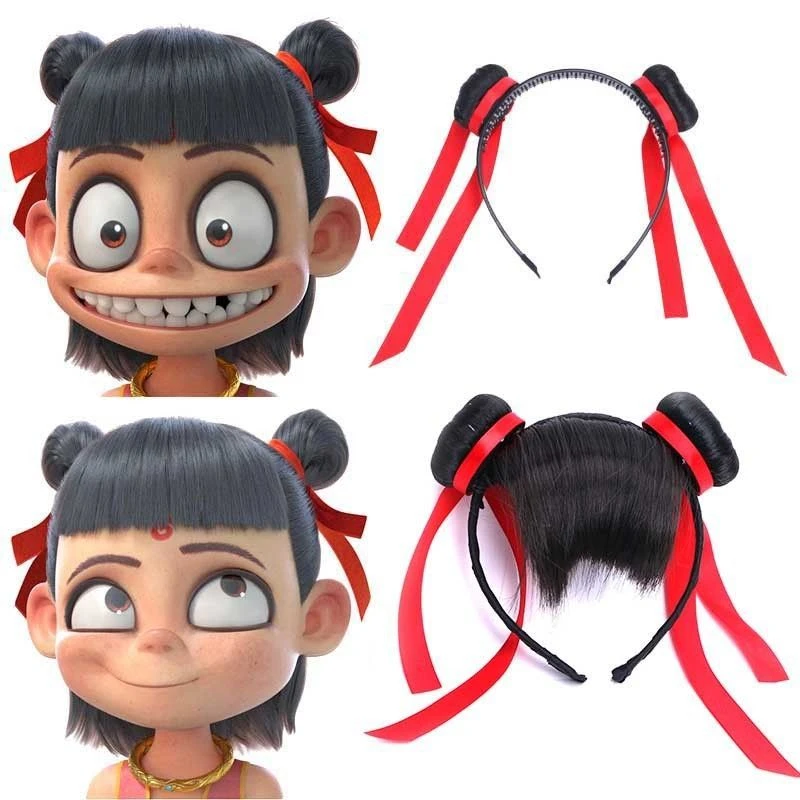 假头发儿童哪吒魔童降世同款发饰假发刘海丸子发箍飘带头扣夹头饰