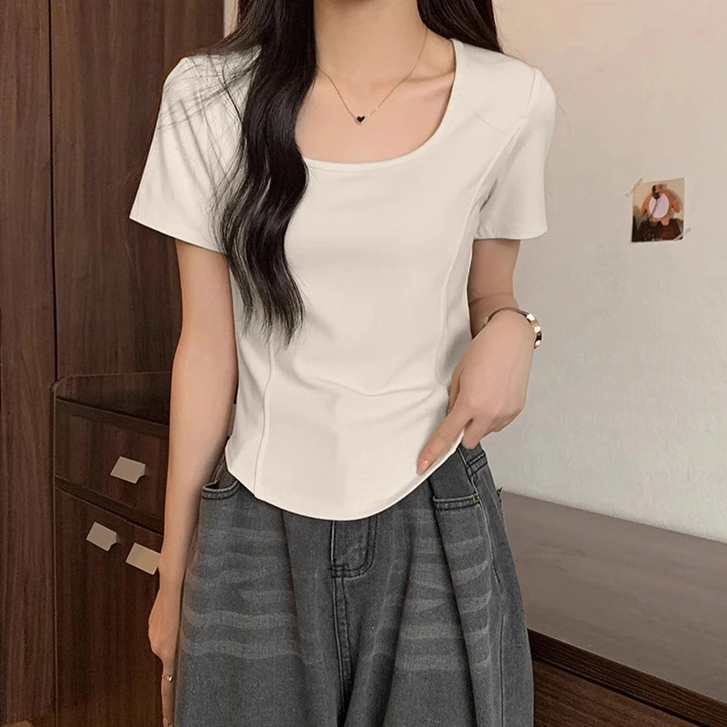 正肩短袖t恤女胖mm甜辣纯欲风显瘦打底衫内搭不规则遮肚微胖春秋