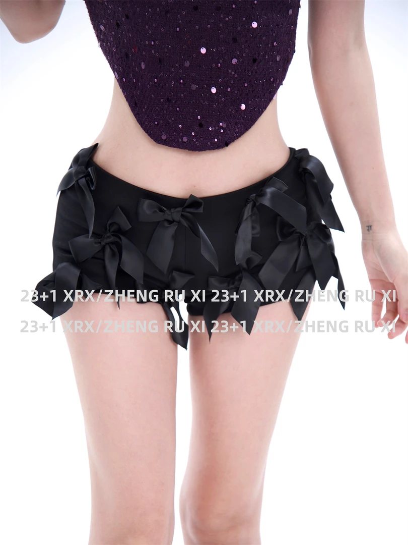 付新博女装蝴蝶结短裤女辣妹时尚立体装饰低腰热裤休闲裤13671