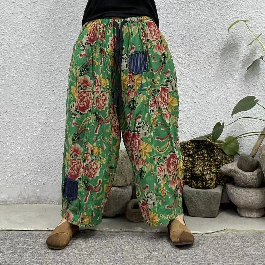 11009绿花色织麻十片式斜线南瓜休闲裤（长89臀围134脚口54