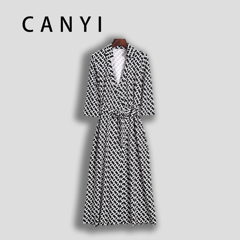 【璨衣】100%桑蚕丝 黑白锁链花长款收腰连衣裙裹身裙D0216-2（长款）