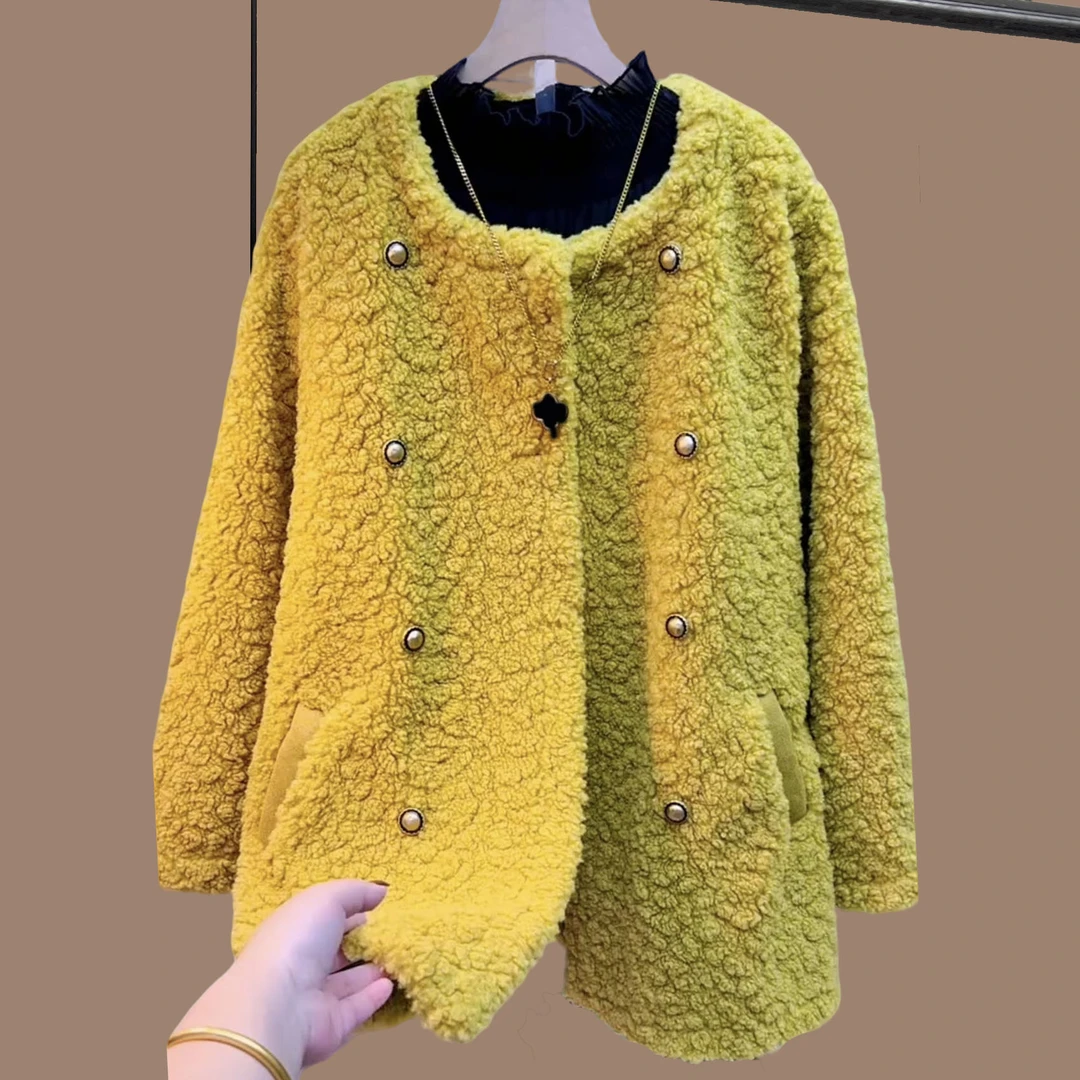 秋冬季大码女装胖妹妹黄色圆领纽扣显瘦遮肉宽松百搭夹棉单外套