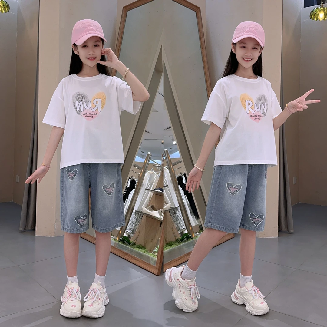 女童夏款爱心短袖破洞牛仔五分裤2025新款儿童大童夏季薄款中裤潮