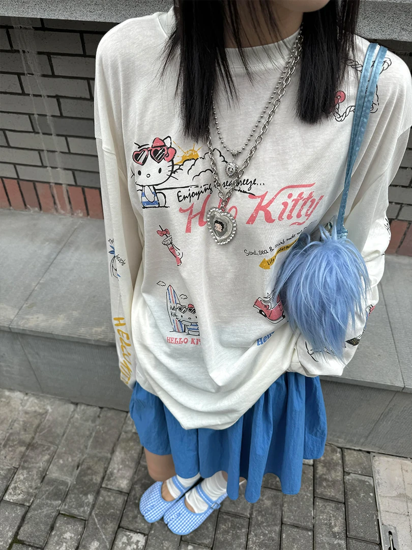 小众ins新款卡通Kitty猫咪印花休闲百搭宽松长袖防晒衫罩衫女夏季
