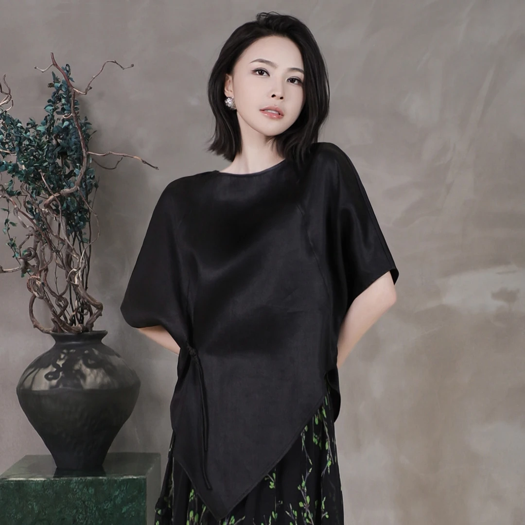 溶溶【玄墨紫檀】RONGRONG 100桑蚕丝香云纱圆领宽松T恤27217171