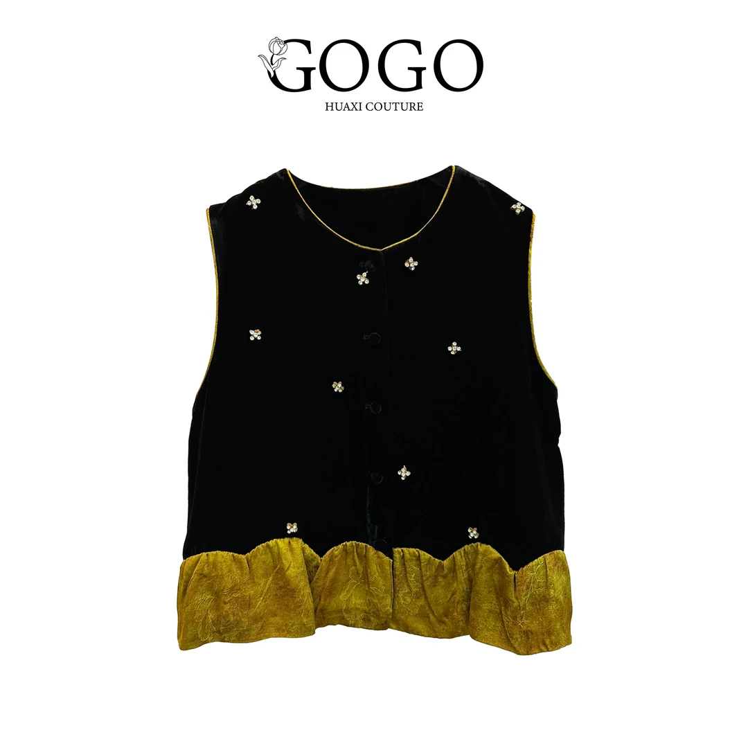 【GOGO HUAXI】丝绒马甲无袖背心老钱风新中式马夹钉珠上衣