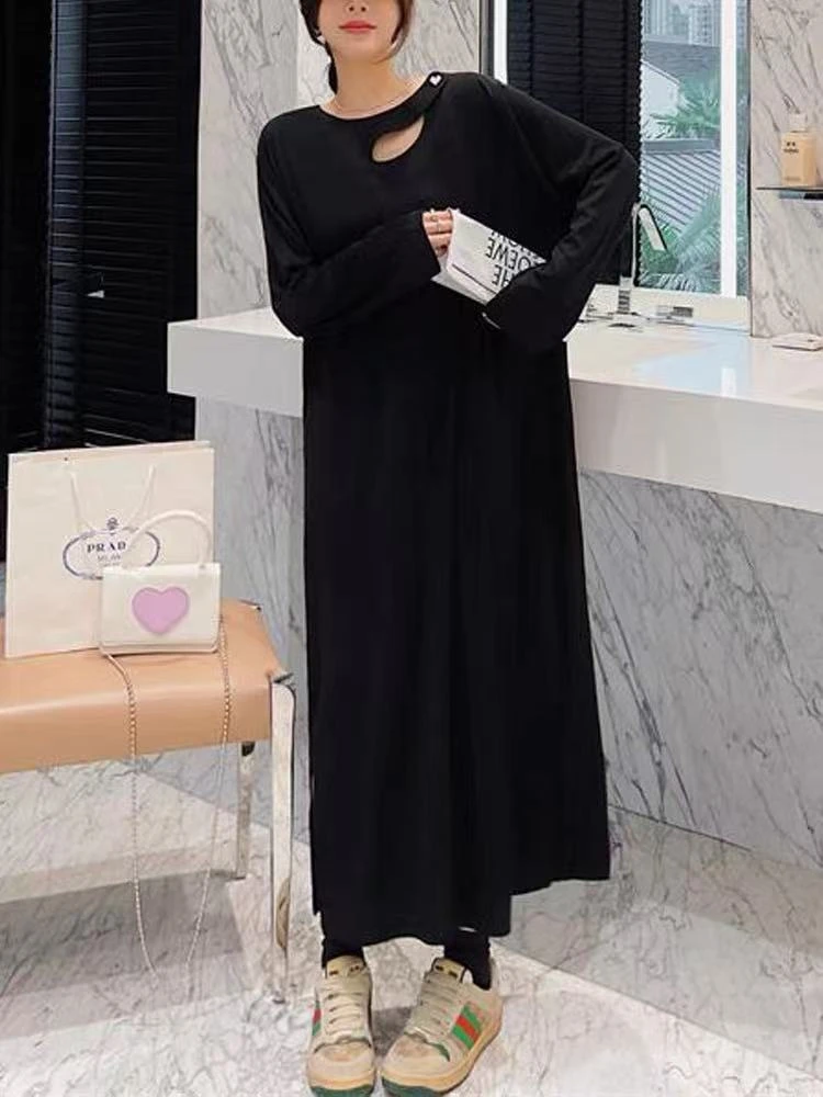品棠家 秋季上新大码黑色打底裙露锁骨小心机宽松长袖连衣裙
