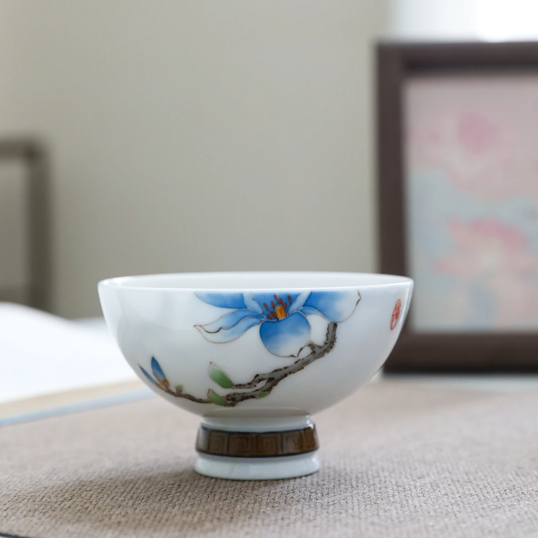 官润窑 陶瓷手工釉下彩手绘品茗主人杯功夫茶杯内绘玉兰花高脚杯