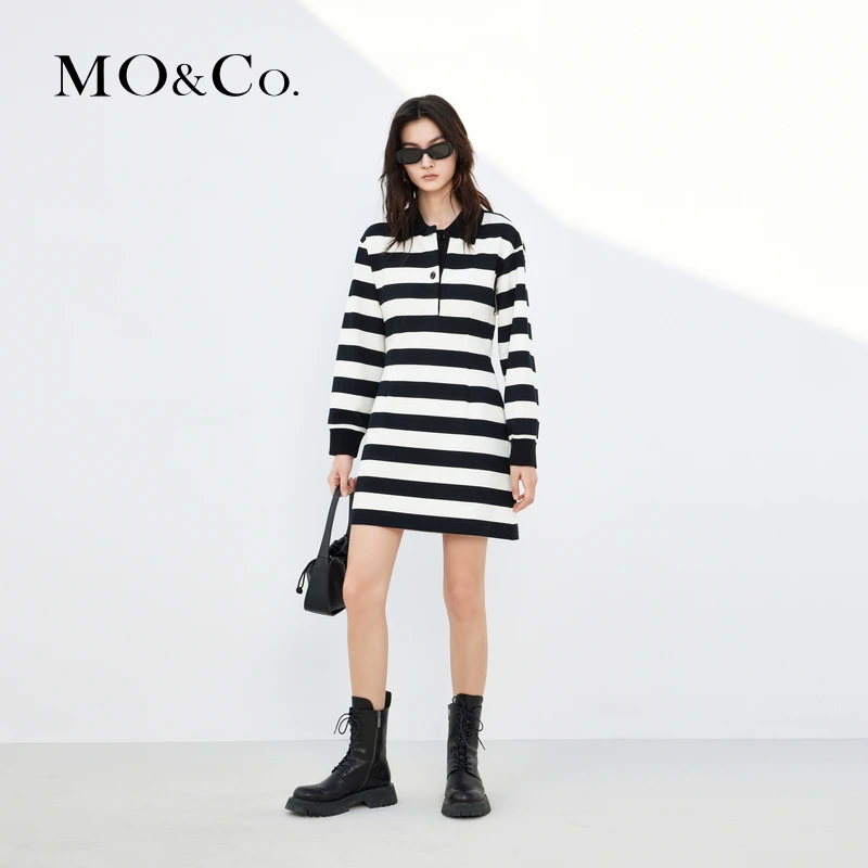 MOCO春季POLO领宽条纹露背收腰短款棉质连衣裙MBC1DRST04