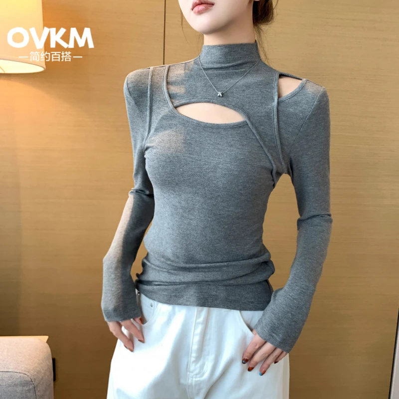 OVKM灰色半高领打底衫女2025新款春季针织内搭长袖修身镂空设计感