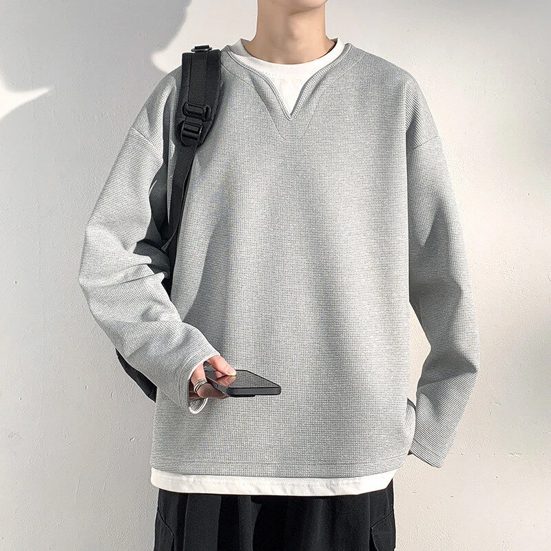 春季潮流新款男士简约假两件华夫格高街宽松日常百搭休闲长袖T恤