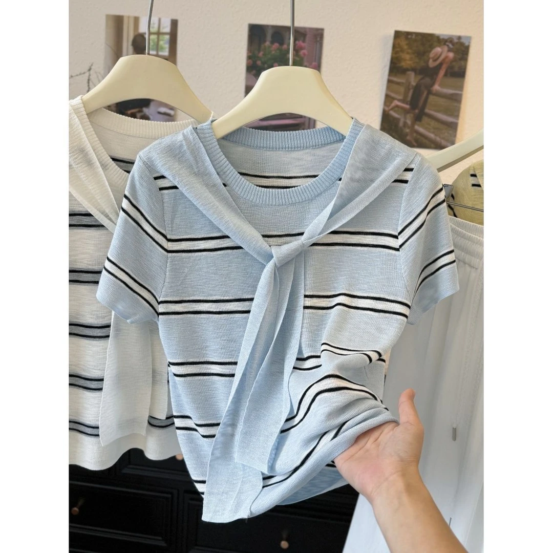 2025年夏季设计感条纹圆领短袖冰丝针织上衣女士拼接披肩通勤显瘦