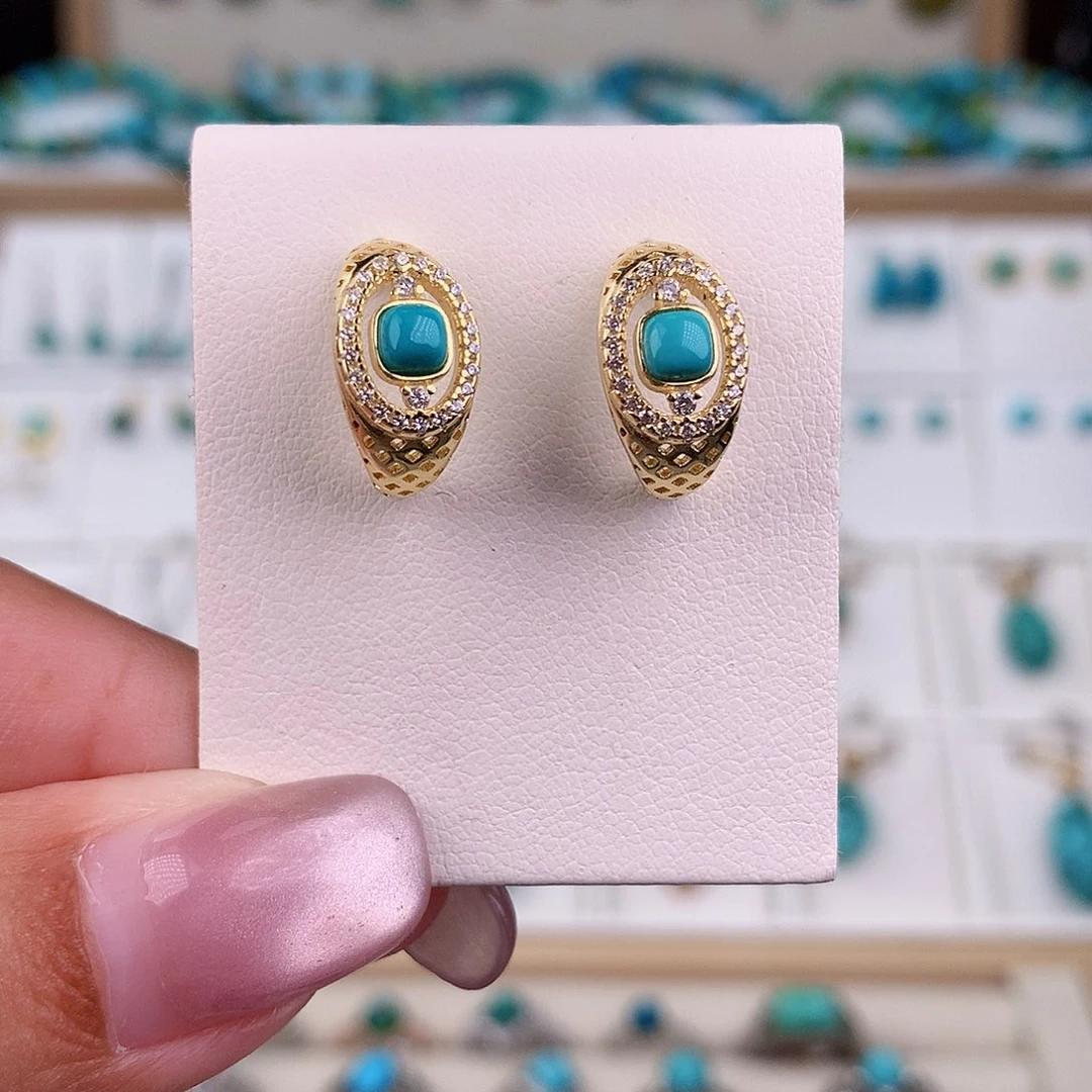 绿松石银S925镶嵌耳饰