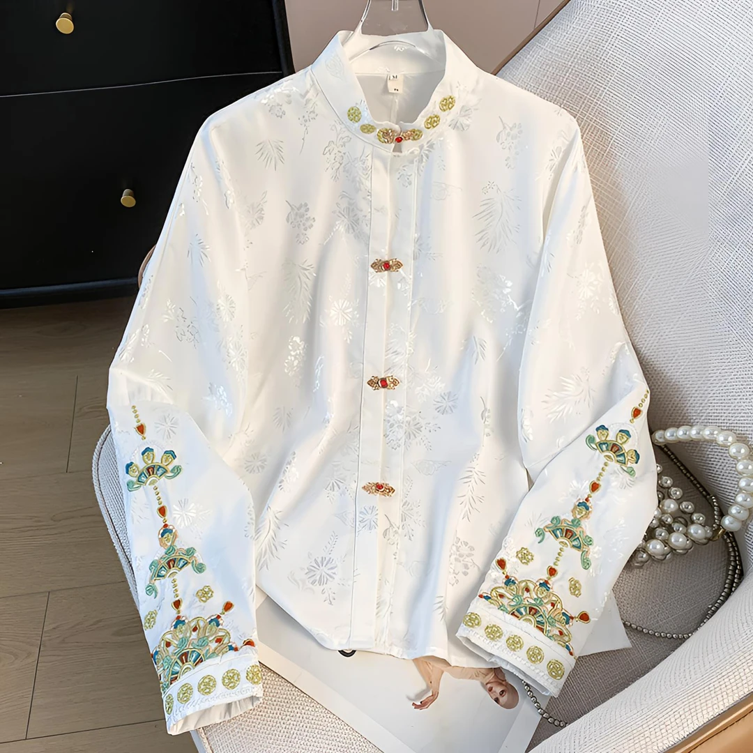 新中式国风衬衫搭配马面裙的上衣古风汉服提花刺绣立领衬衣长袖女