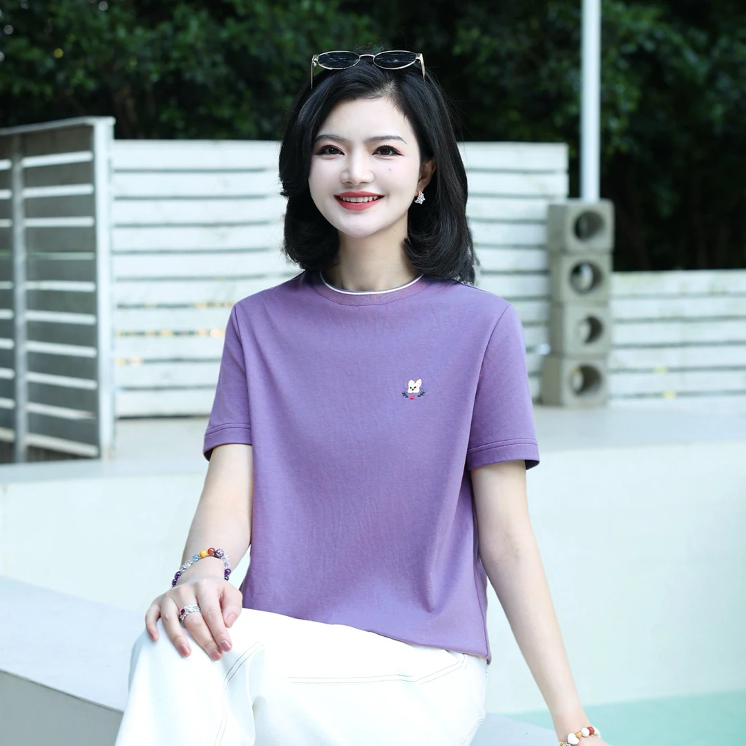 阿楠anan奇趣小狗 圆领撞色狗狗刺绣女士夏季简约日常通勤气质T恤