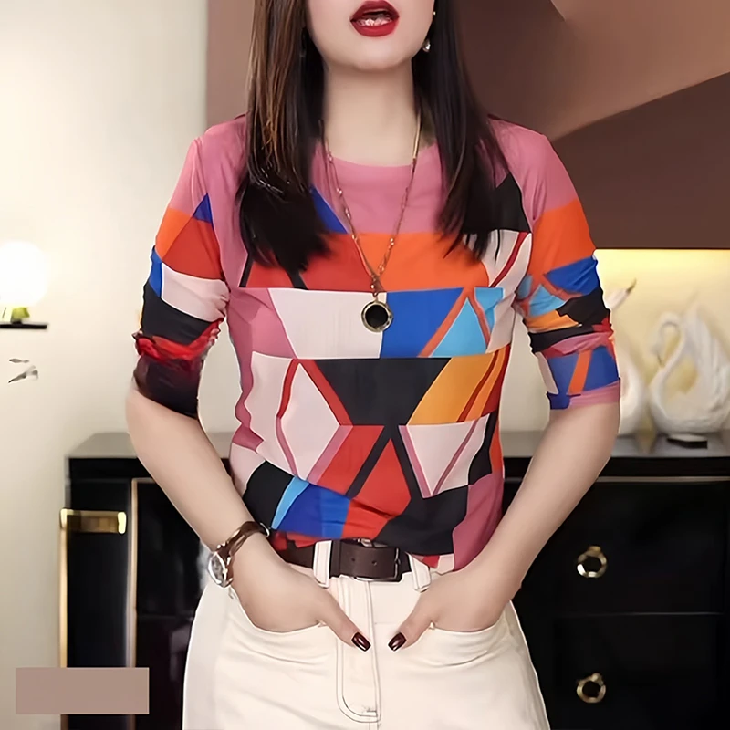 冰丝网纱印花长袖t恤女士叠穿打底衫2025早春新款高级感修身上衣