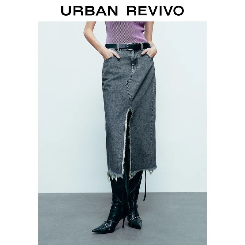 UR2025春季新款女装欧若风复古开衩毛须腰带牛仔半裙UYY850069