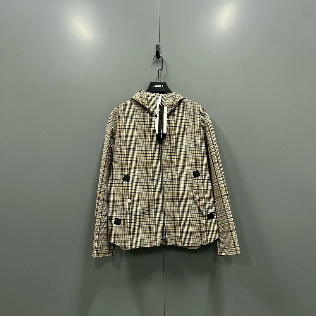 99新 Hermes/爱马仕 ab1223 020715 格纹帆布拉链连帽外套 48码