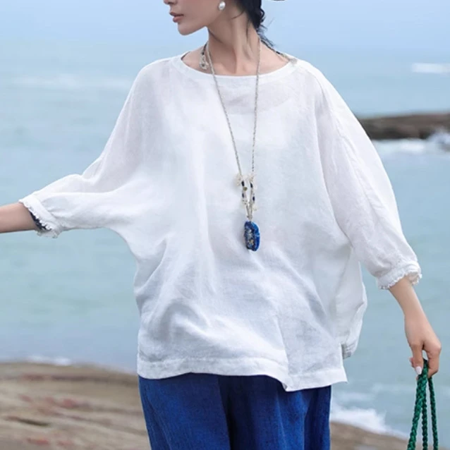 (高定)初秋新款亚麻一字领文艺休闲清凉上衣木耳边袖口百搭上衣