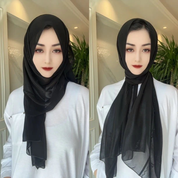 SD烫金拼接迪拜纱高端长巾（配盒针）