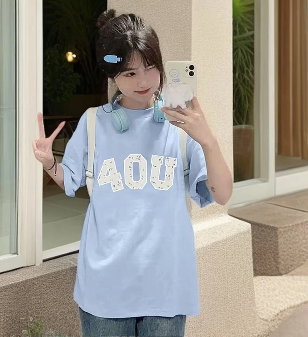 蓝色纯棉短袖t恤女小个子宽松圆领设计感小众慵懒风半袖上衣夏季