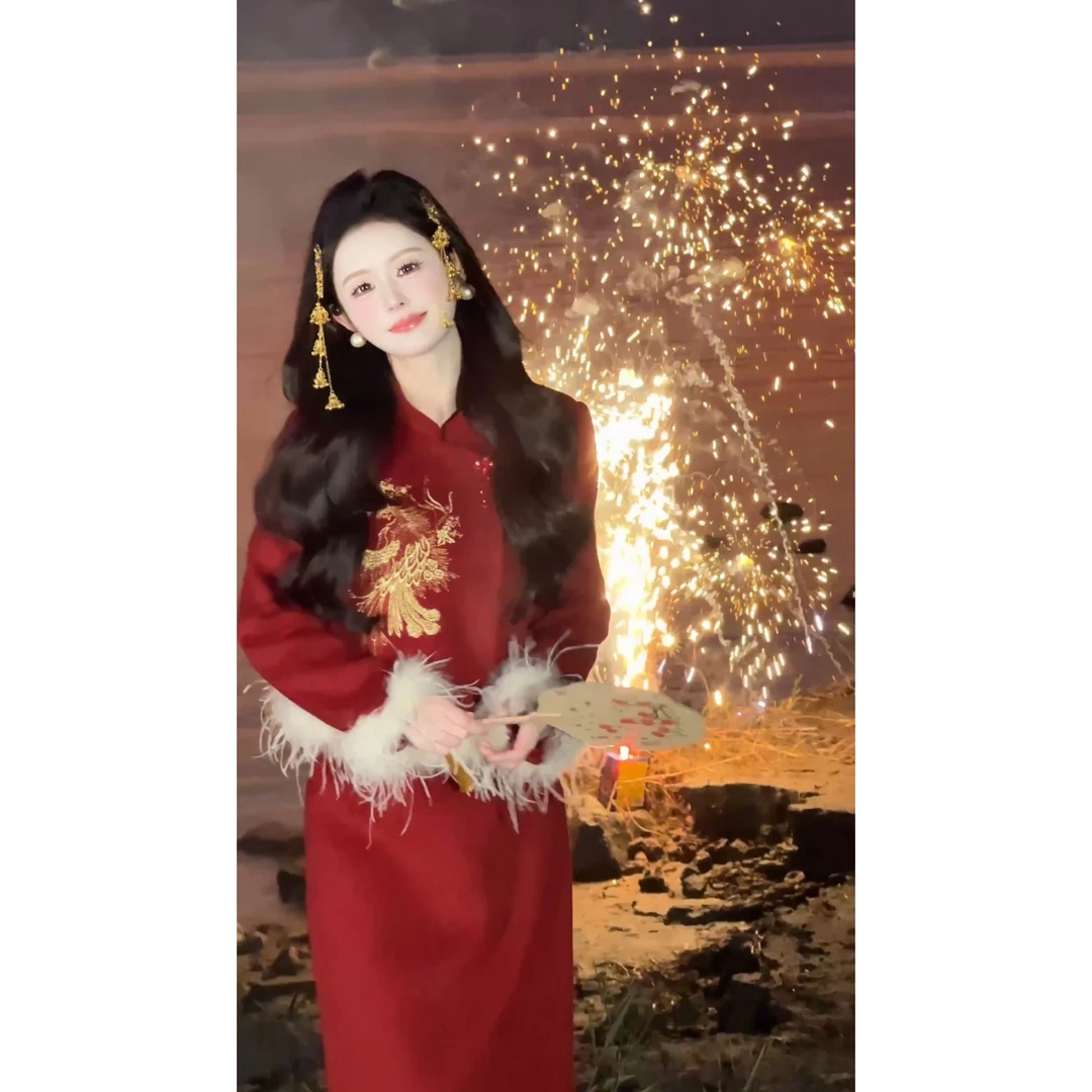 【凤求凰】77新中式凤凰刺绣斜门襟棉服外套+半裙XMZH5245