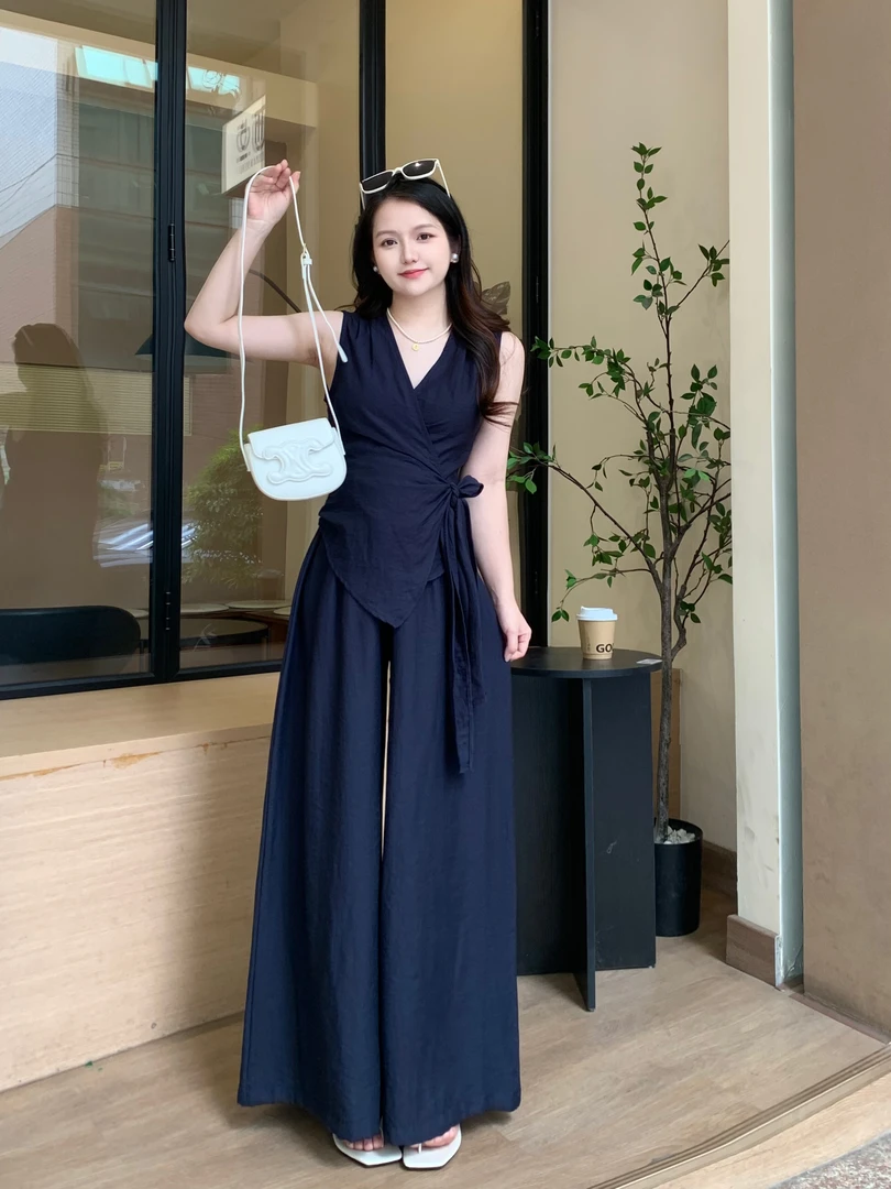 小个子2025夏季法式轻熟风气质无袖收腰绑带上衣+阔腿裤两件套女