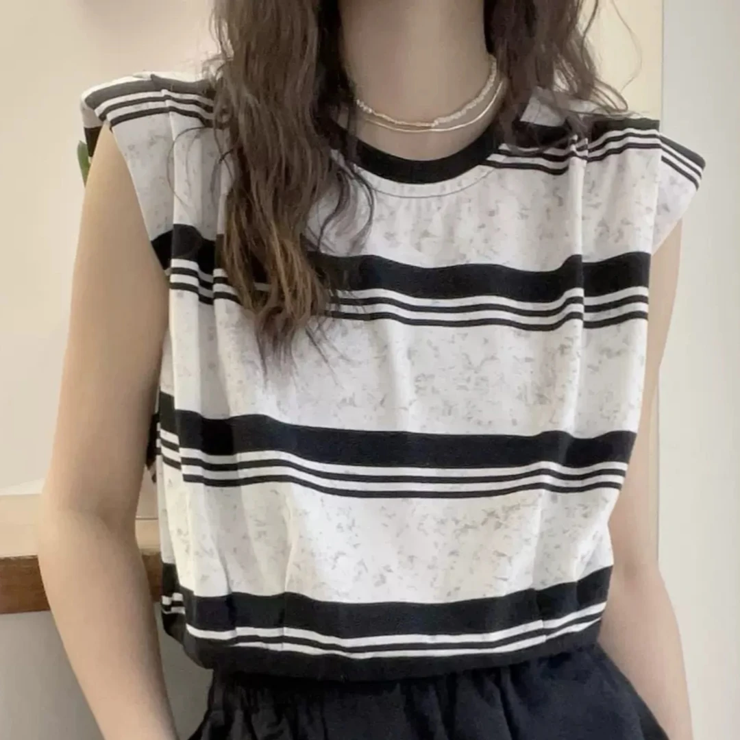 SS739欧洲站夏装新款欧货洋气小飞袖条纹短袖T恤女夏季百搭上衣女