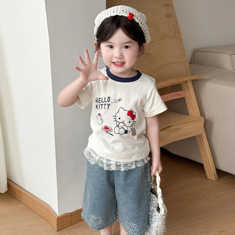 女童夏季kt猫短袖套装2025新款儿童韩版薄款牛仔裤两件套洋气女孩