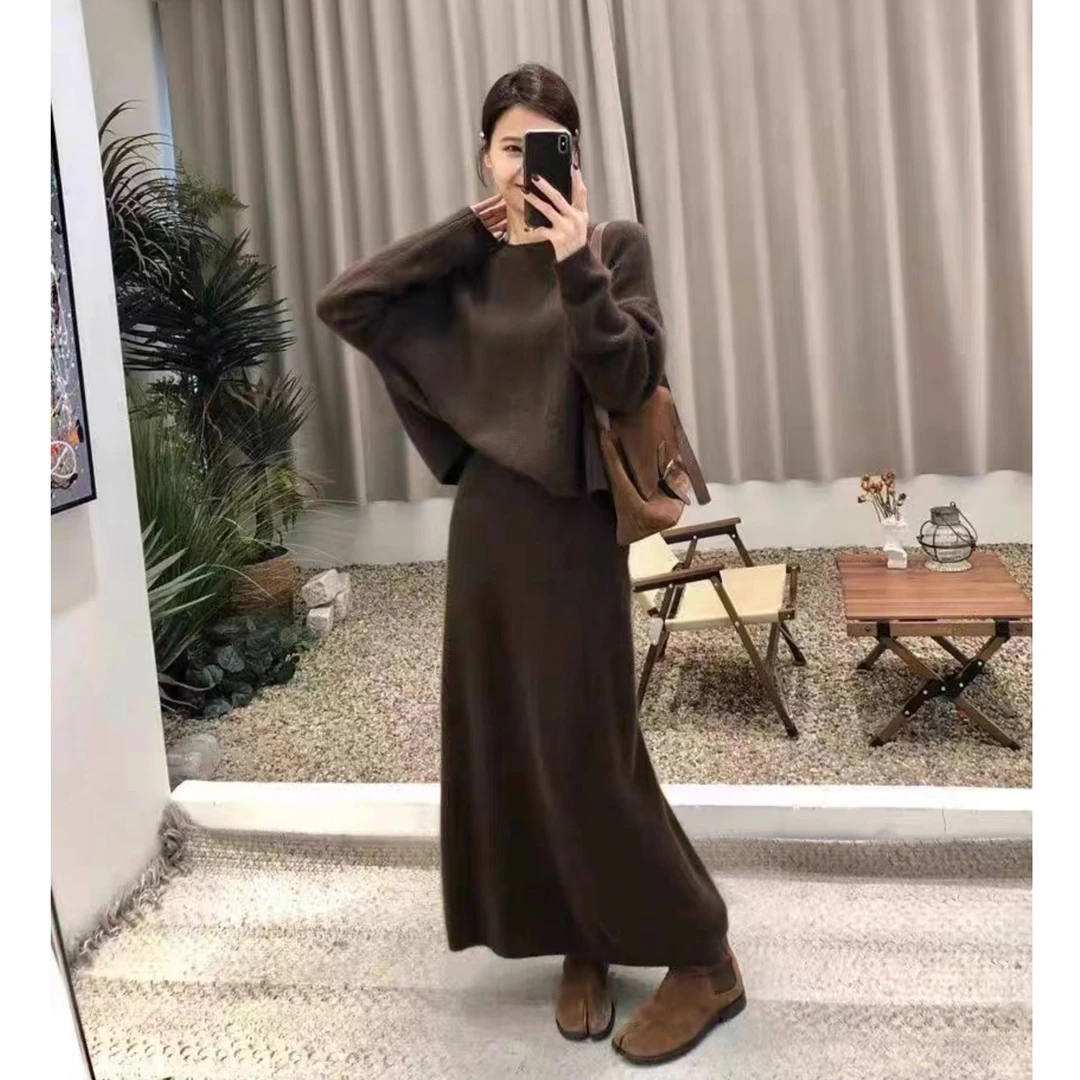 慵懒落肩毛衣套装女2025年秋季新款长袖针织上衣半身裙长裙两件套