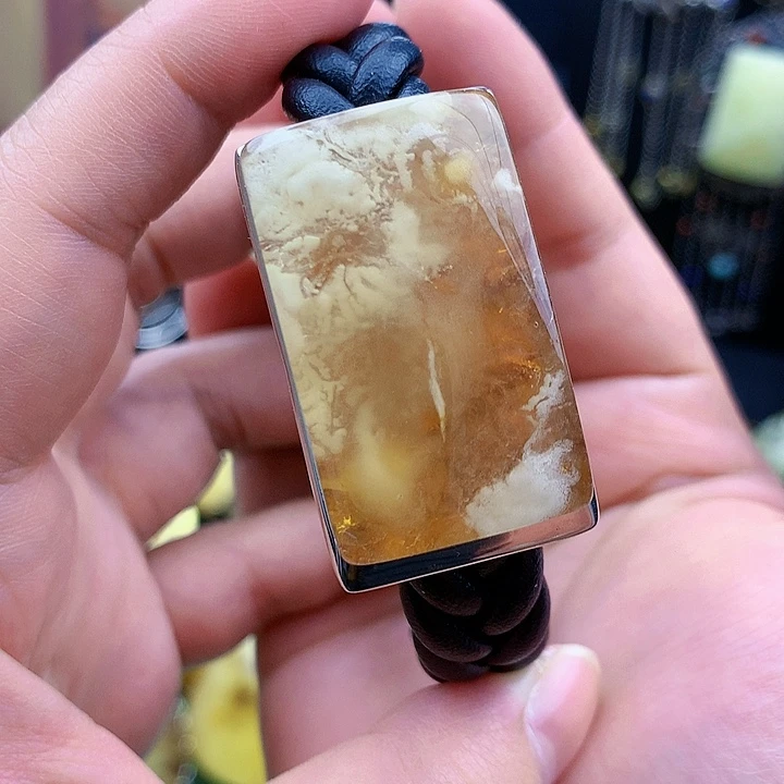 琥珀裸石银S925镶嵌余***?手镯